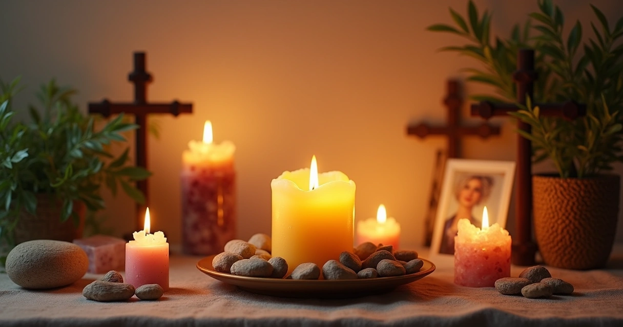 Altar espiritual com vela acesa, cristais, fotos de entes queridos, pedras e incensos, em um ambiente tranquilo.