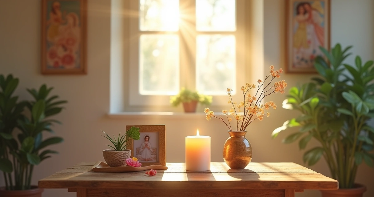 Altar espiritual com vela, foto, cristais e planta em um ambiente calmo e sereno, iluminado pela luz do sol.