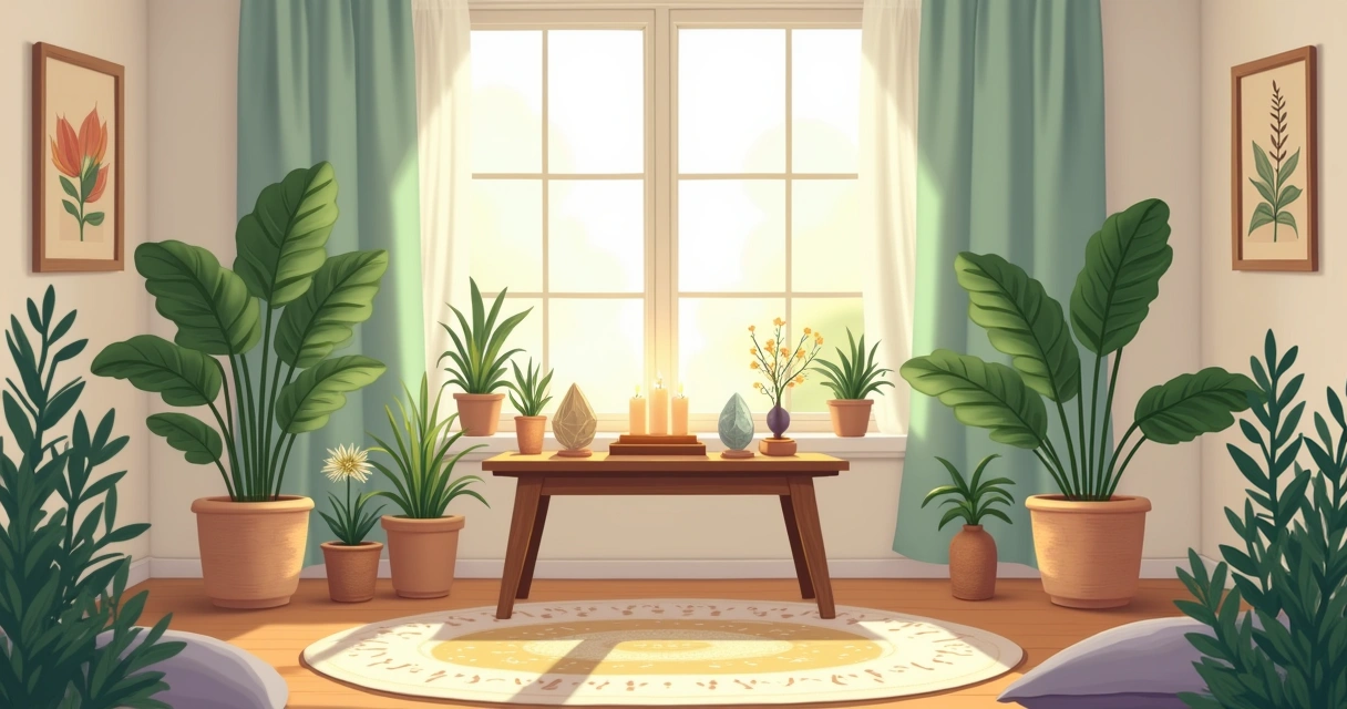Altar espiritual em um canto tranquilo da casa, decorado com plantas e luz natural suave.
