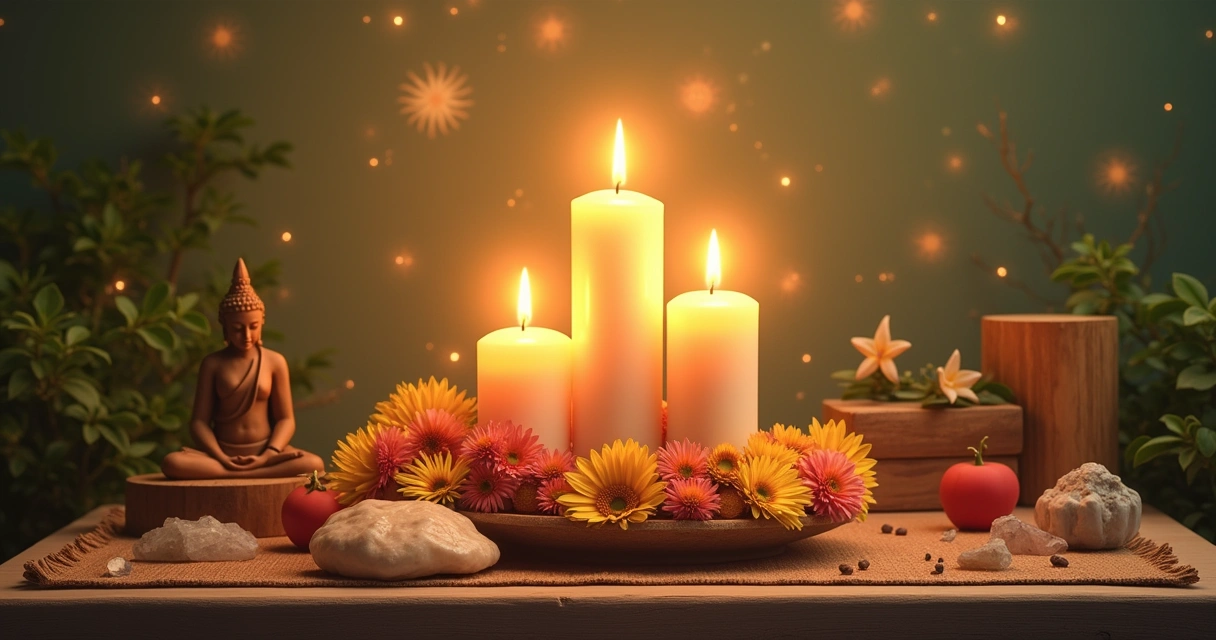 Altar espiritual com velas acesas, estatueta e flores em um ambiente sereno e iluminado.