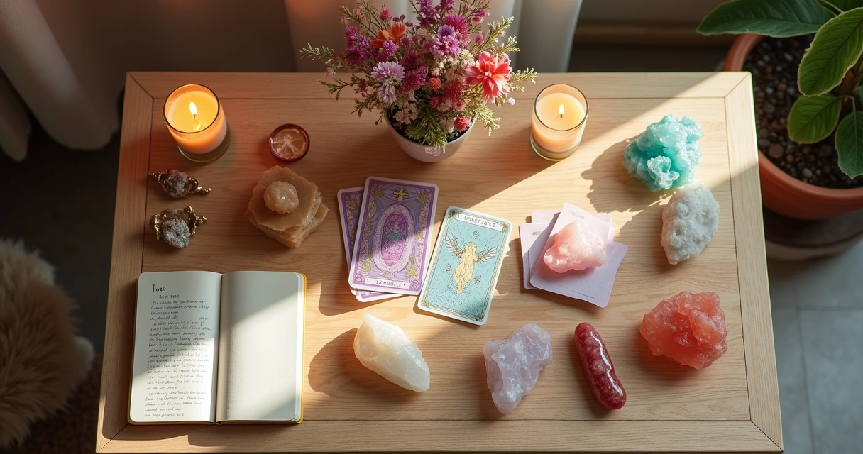Altar feminino com cristais, flores e cartas de tarot 