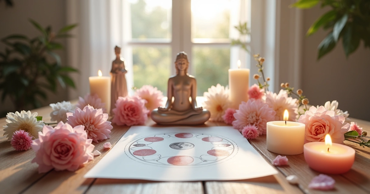 Altar com elementos femininos tons de rosa e velas acesas 