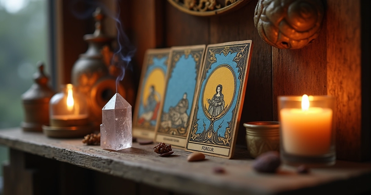 Altar com cartas de tarot, cristal e incenso aceso.