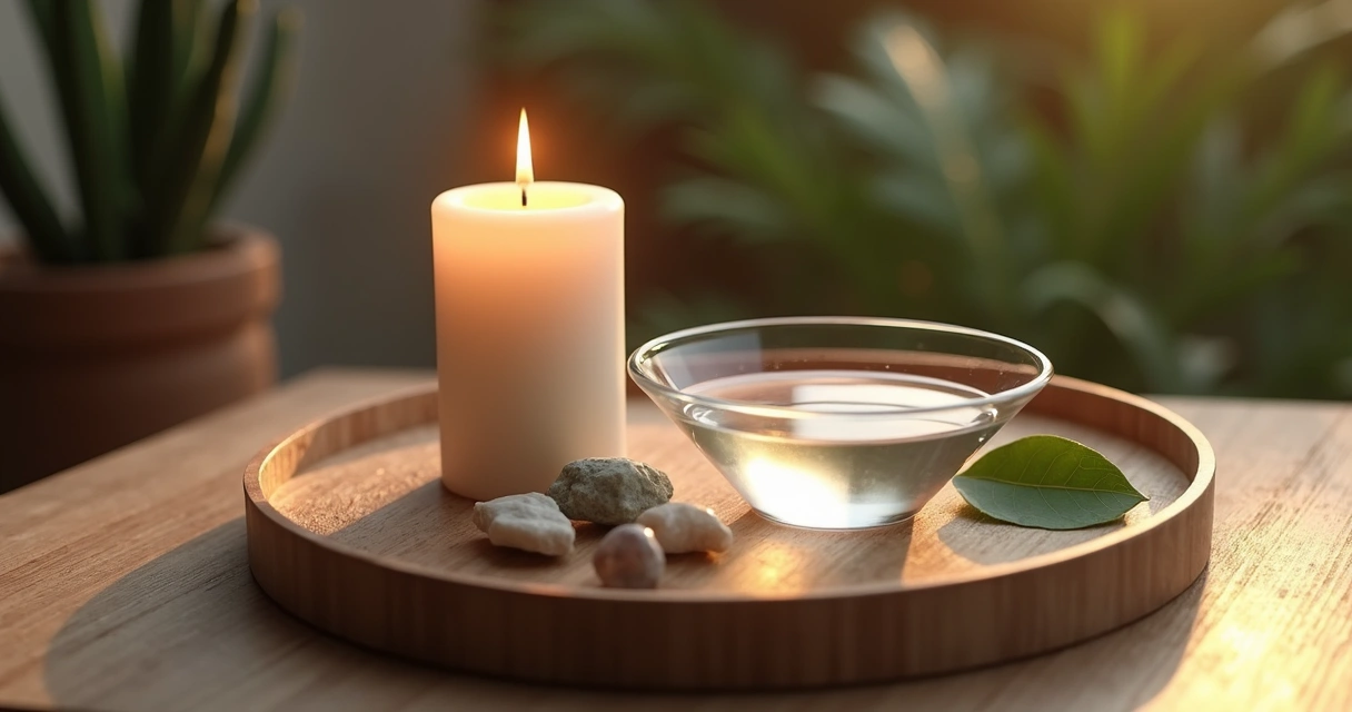 Altar com vela, pedras, folha de árvore e recipiente de água sobre mesa de madeira 