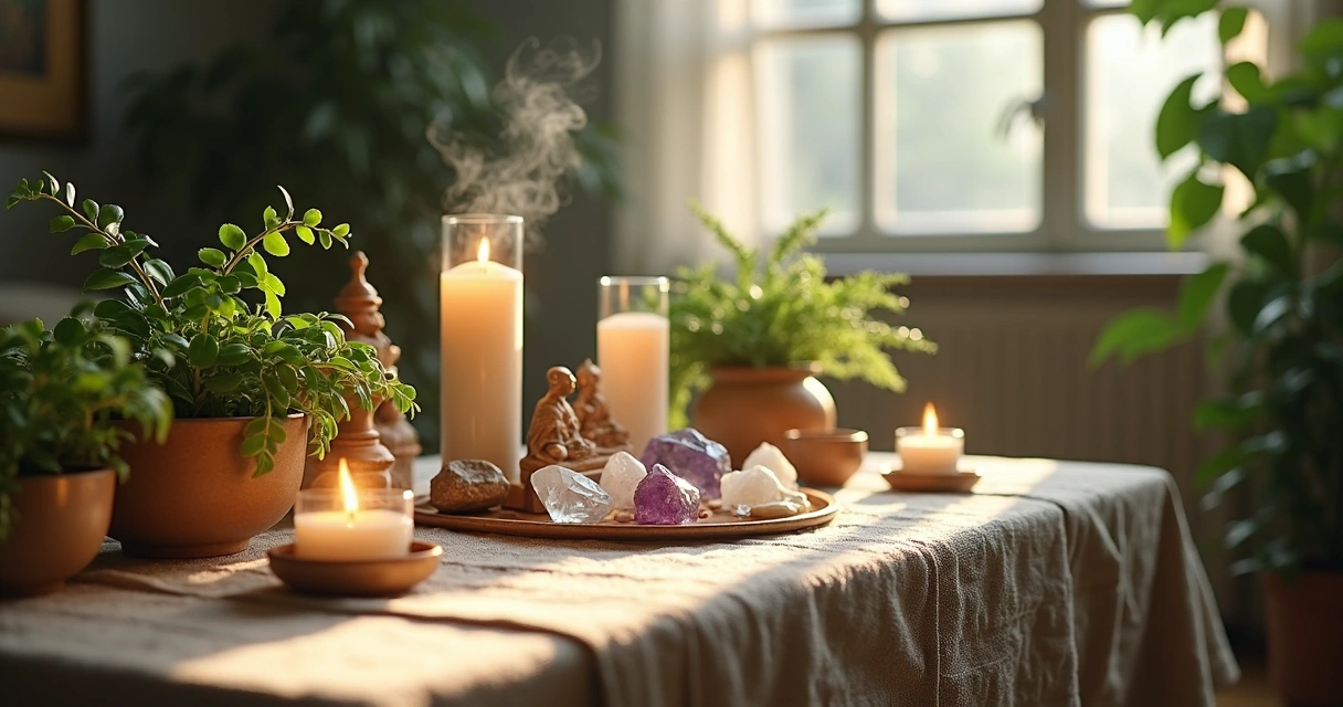 Altar harmônico com cristais, velas acesas, plantas e figuras místicas alinhadas 