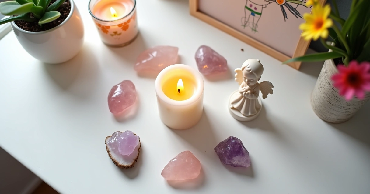 Altar infantil com cristais e elementos de proteção 