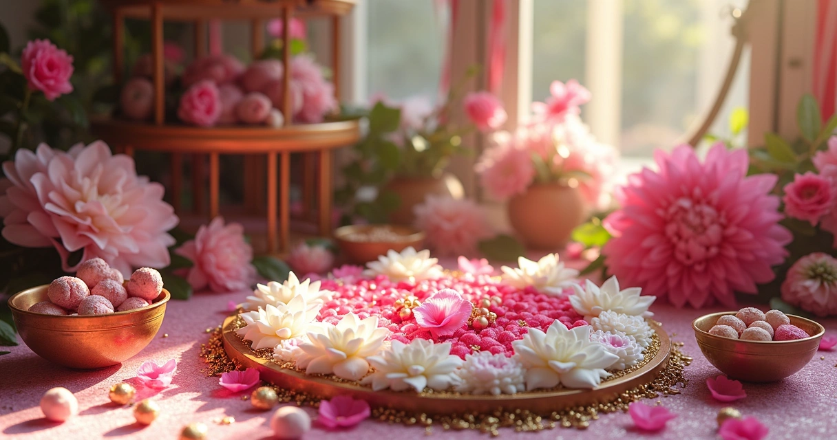 Altar infantil com doces, flores e fitas coloridas 