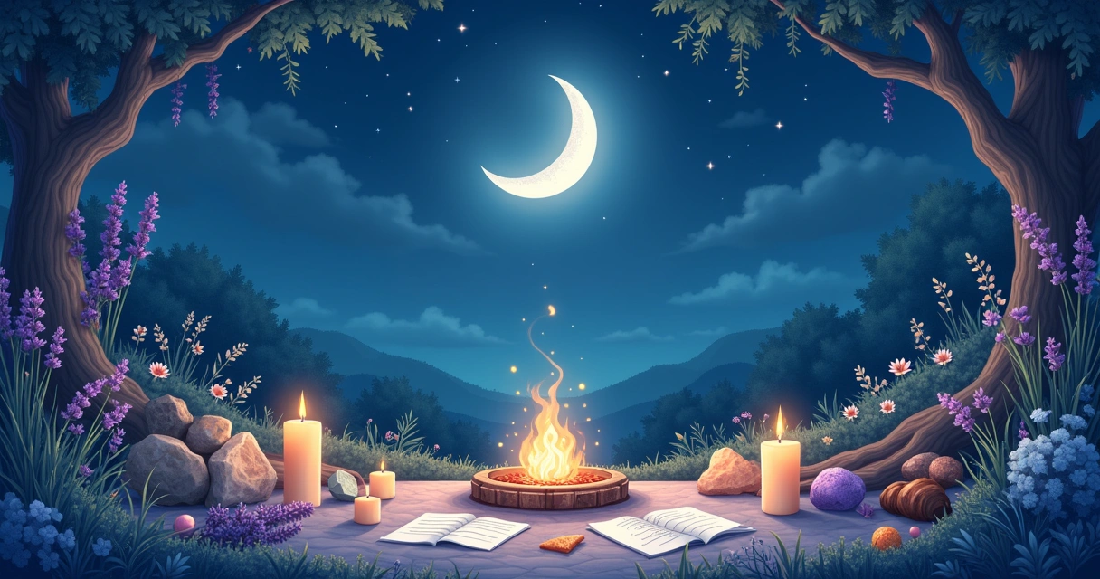 Ilustração de um altar de lua nova com velas, ervas, e uma pessoa escrevendo intenções sob um céu estrelado.