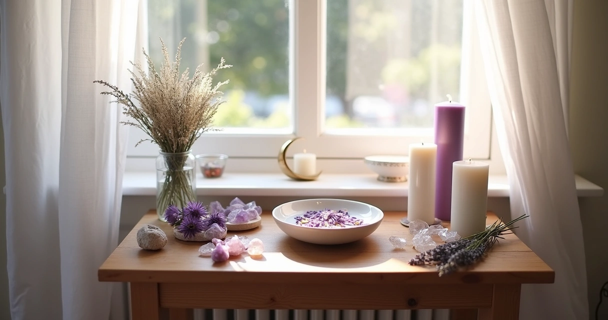 Altar com velas, flores e pedras naturais
