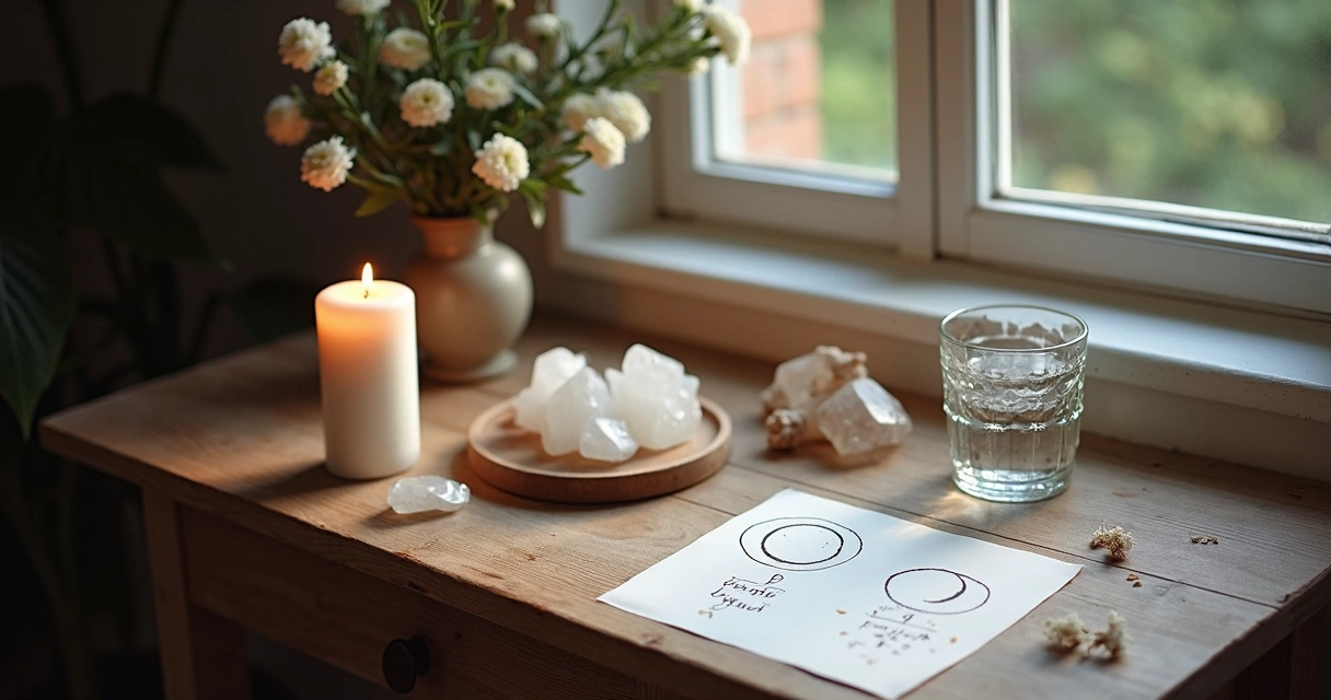 Altar com cristais, vela branca, taça de água e símbolo da lua em local com pouca luz 