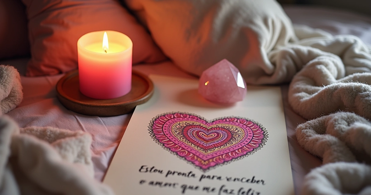Mandala de amor em altar pequeno com vela e cristal perto da cama
