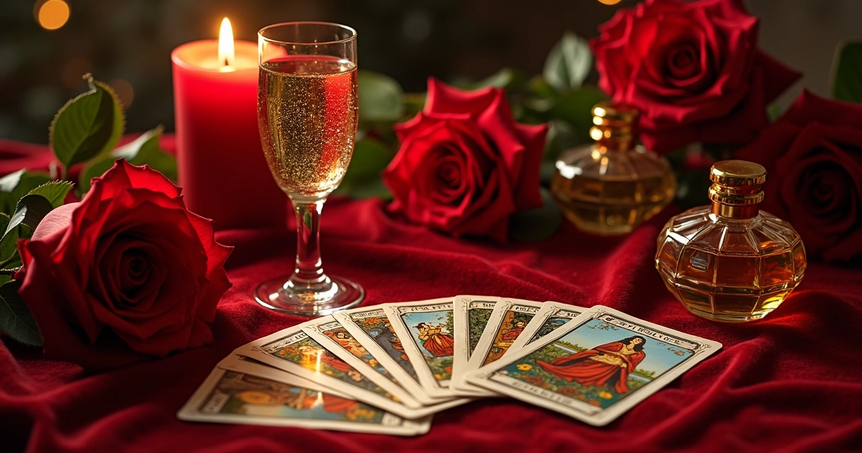 Altar com rosas vermelhas, taça, champanhe e vela acesa 