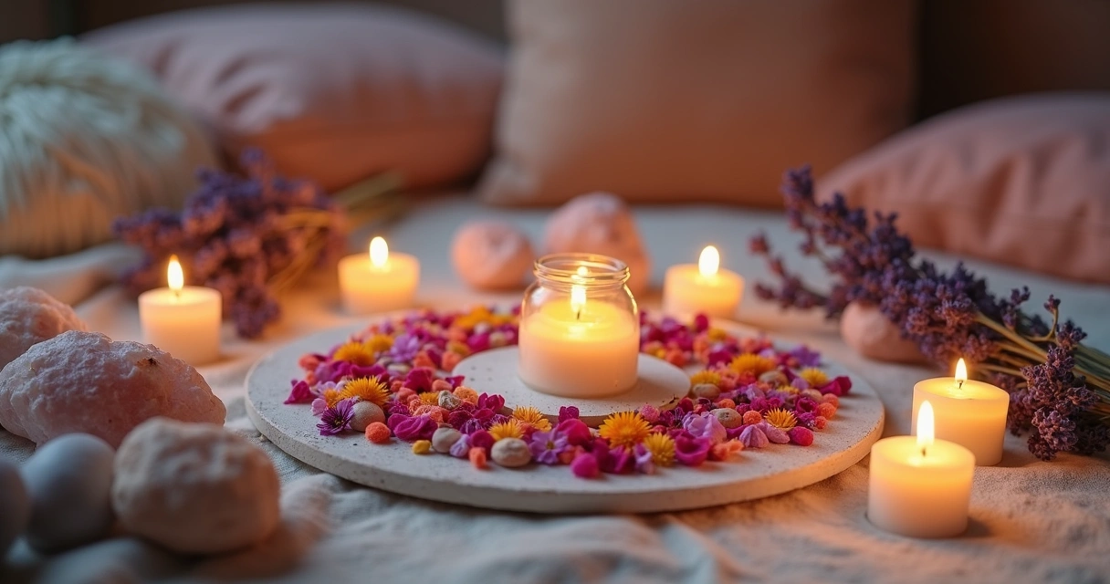 Altar de meditação com velas, cristais e flores 