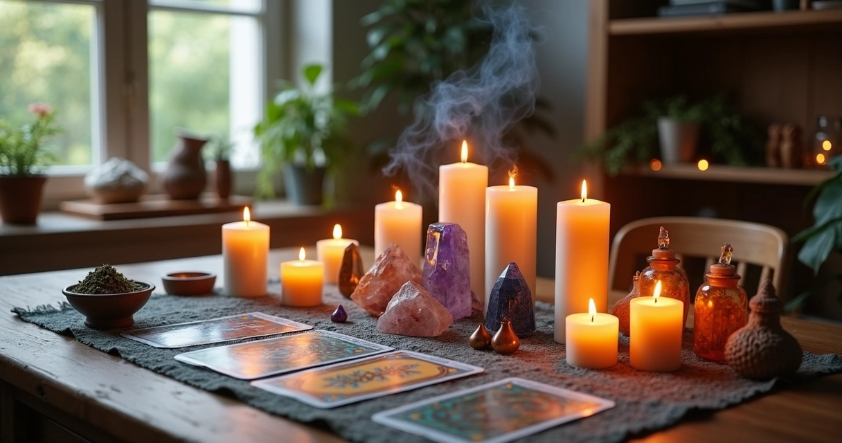 Altar místico montado em casa com velas, cristais, incenso e objetos espirituais em mesa de madeira 