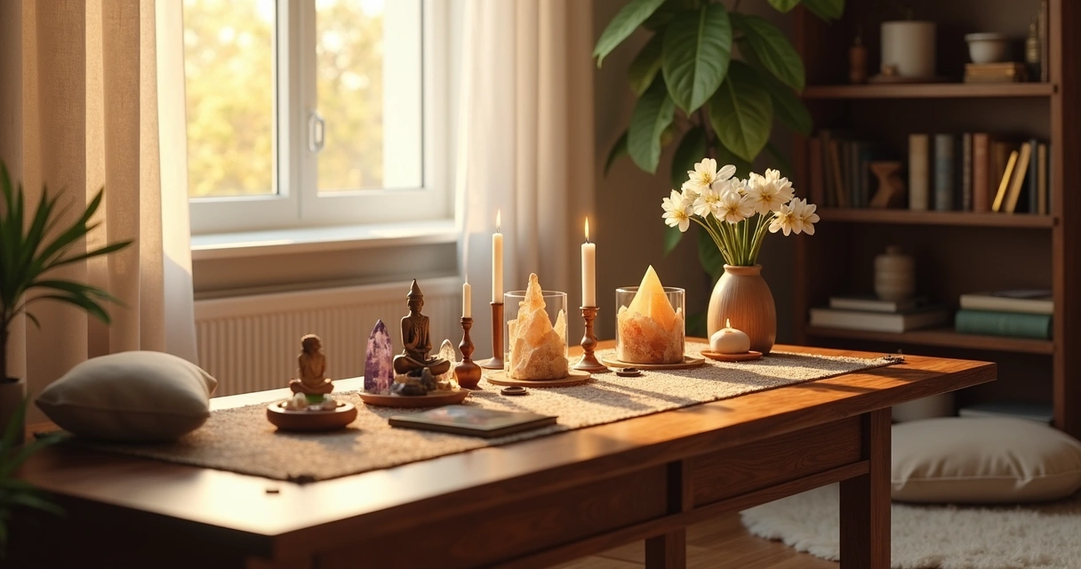 Altar místico doméstico com cristais, velas e imagens espirituais