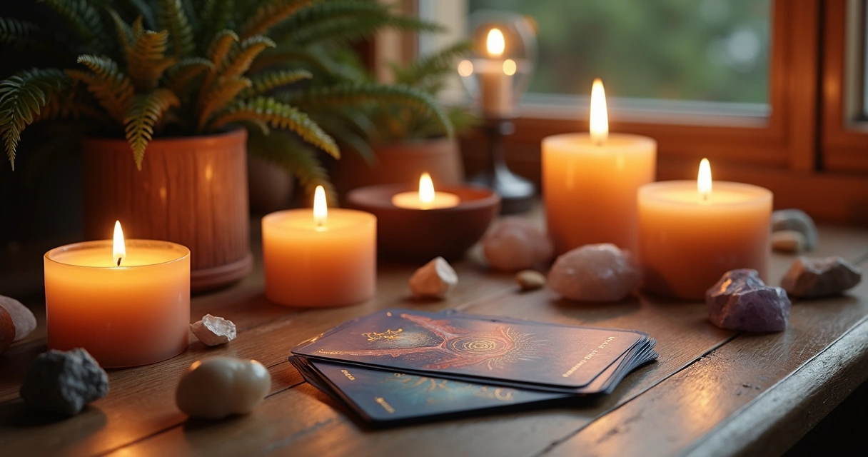 Altar com velas, cristais, carta de tarot em ambiente acolhedor 
