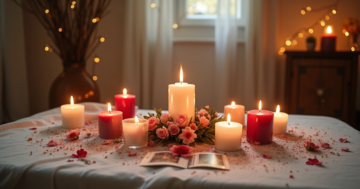 Altar místico dividido em setores com elementos de feng shui 