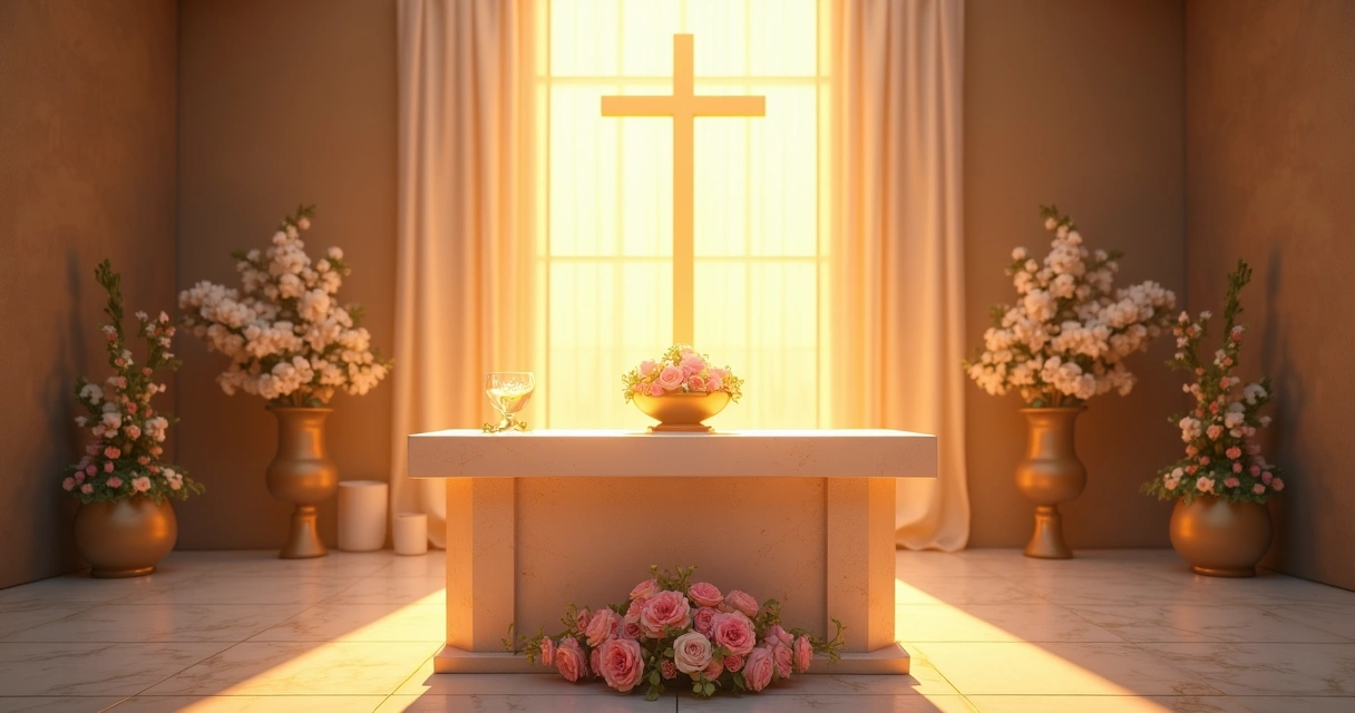 Altar iluminado com flores frescas, água e cristais 