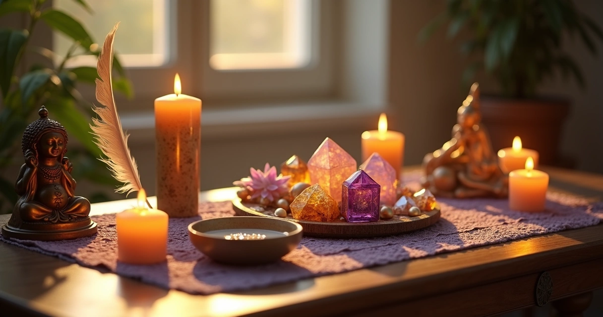 Altar místico com cristais, velas acesas e elementos naturais