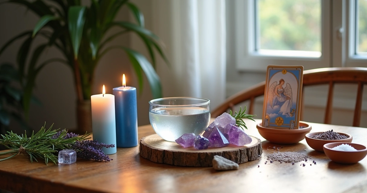 Altar com velas, cristais, incenso e tigelas de ervas sobre mesa de madeira clara