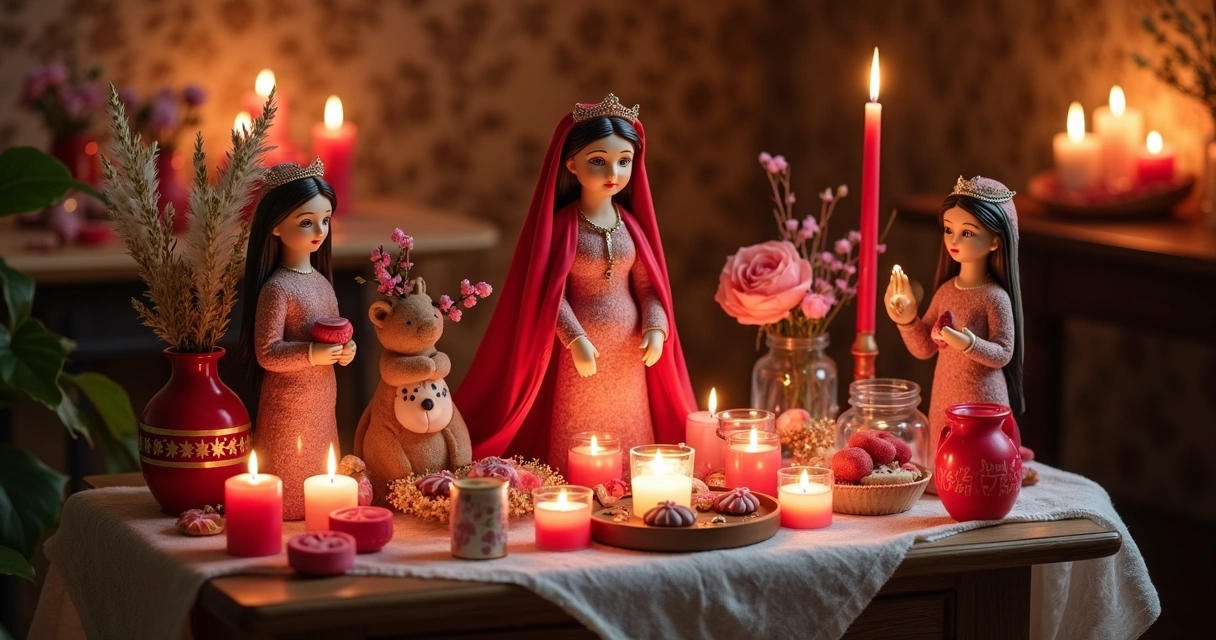 Altar para Pomba Gira Menina com velas coloridas, flores e doces 