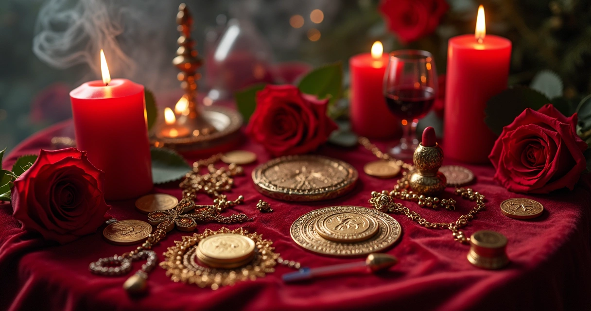 Altar com elementos típicos de oferenda para Pomba Gira Sete Saias