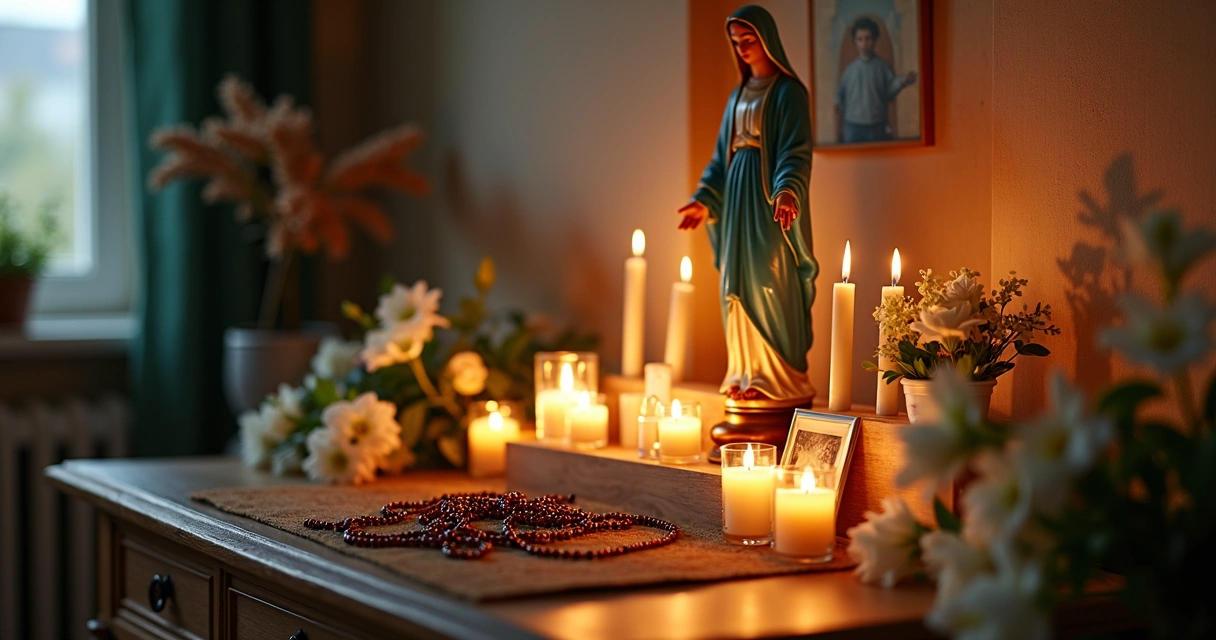 Altar caseiro com imagem de Maria, velas e flores ao redor 