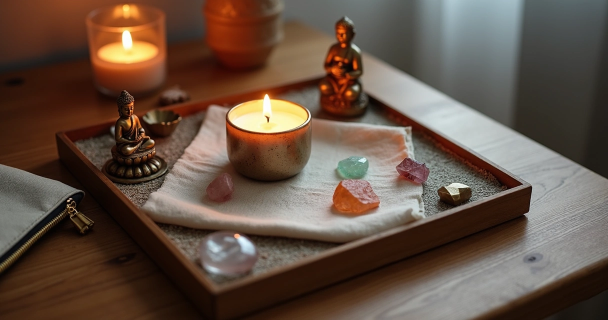 Altar portátil compacto sobre mesa de madeira com cristais, vela pequena e imagens espirituais 