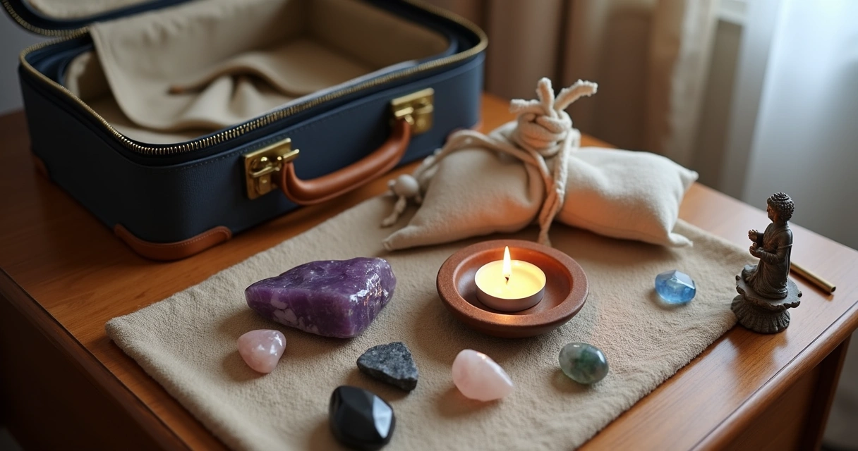 Itens de altar portátil organizados em uma superfície de viagem 