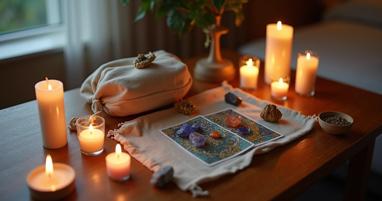 Altar portátil pequeno em bolsa de tecido com cristais e cartas de tarot 