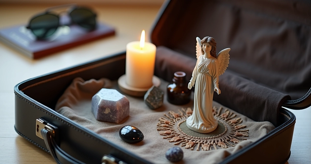 Altar espiritual portátil com cristais, vela pequena, mini imagem de proteção e lenço decorativo em mala de viagem 