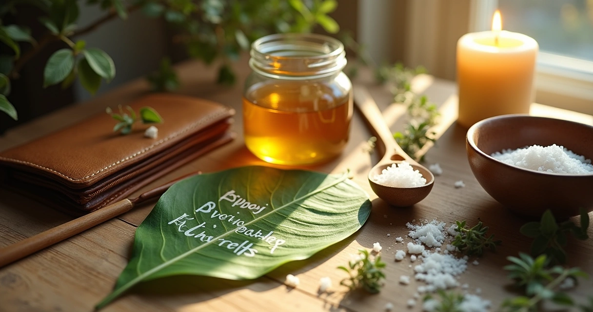 Altar for financial prosperity with honey, bay leaf, sea salt, and a glowing candle.