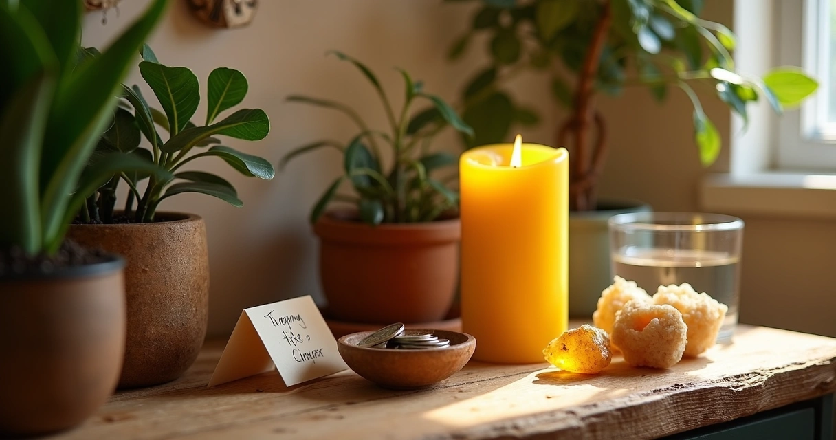 Itens simples em um altar de prosperidade como vela, pedras e plantas 