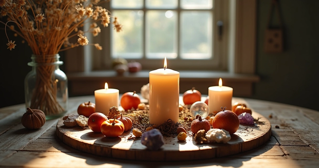 Altar decorado com elementos naturais e velas 