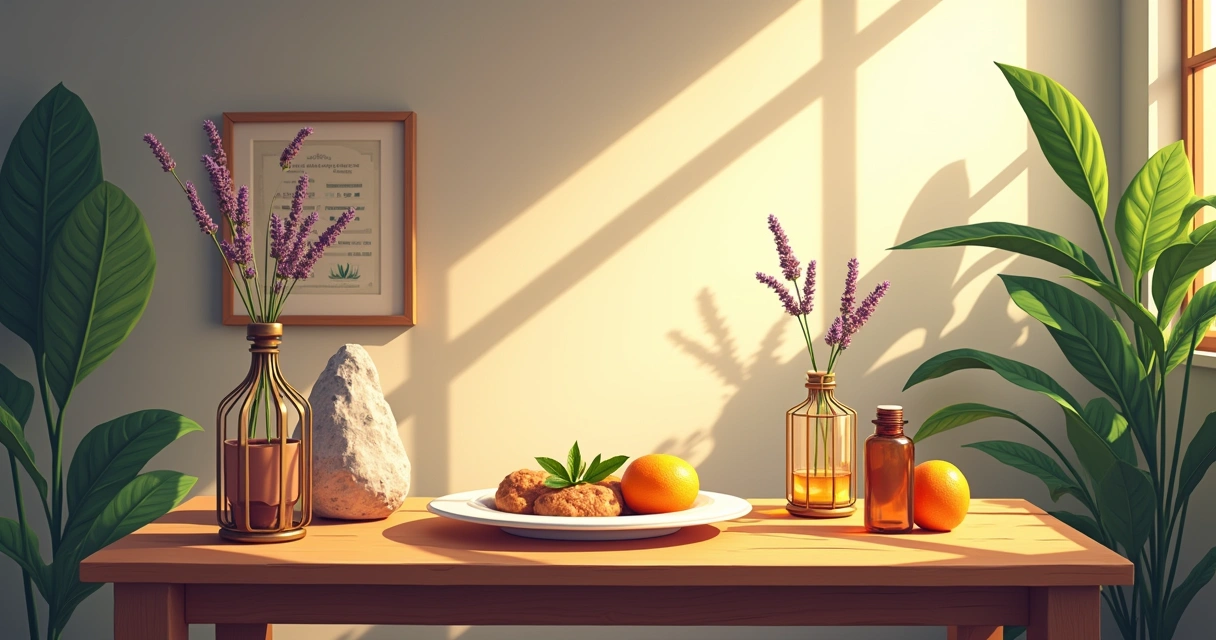 Altar decorado com foto, pedras e óleos essenciais em ambiente acolhedor para ritual de agradecimento.