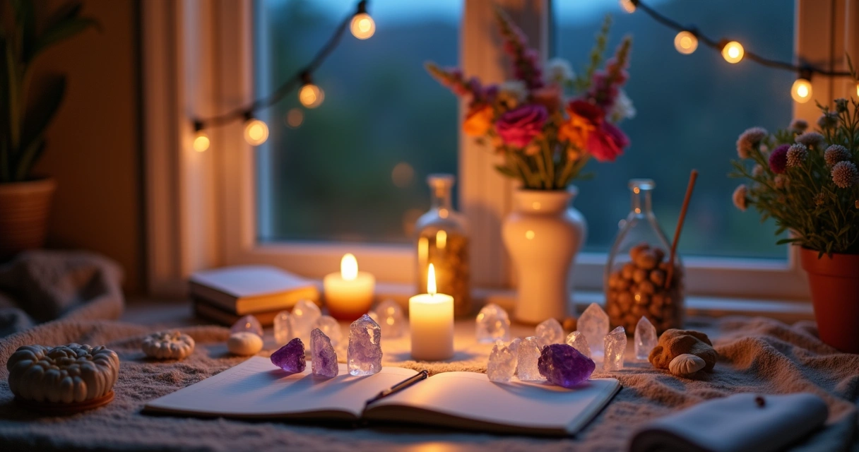 Altar com velas, cristais e flores durante a noite 