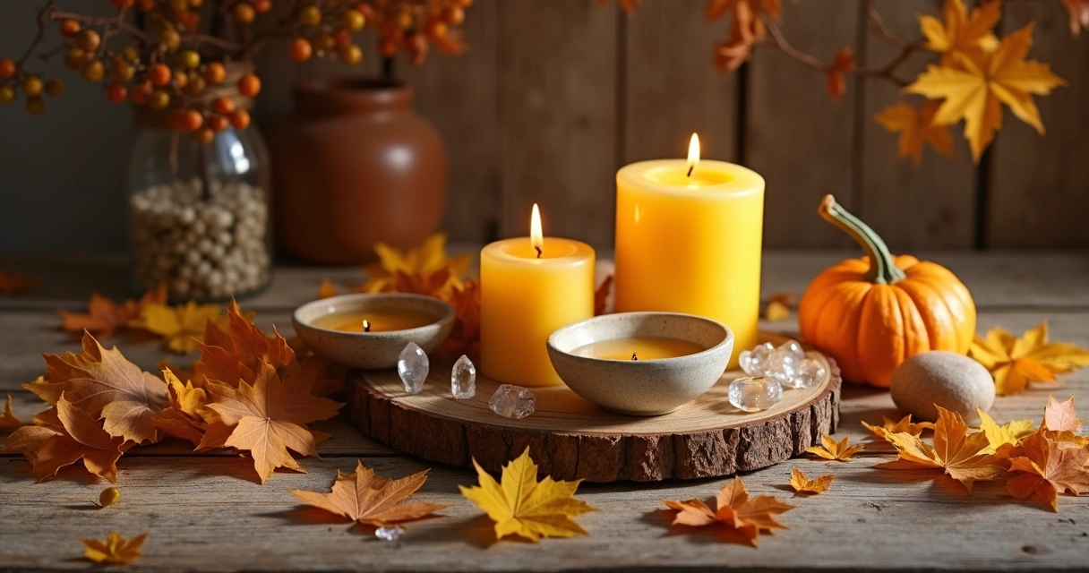 Altar com folhas secas, velas e cristais de limpeza. 