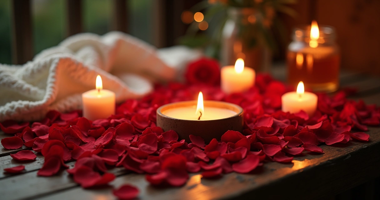 Pétalas de rosas vermelhas espalhadas ao redor de velas acesas em um ambiente suave e romântico 