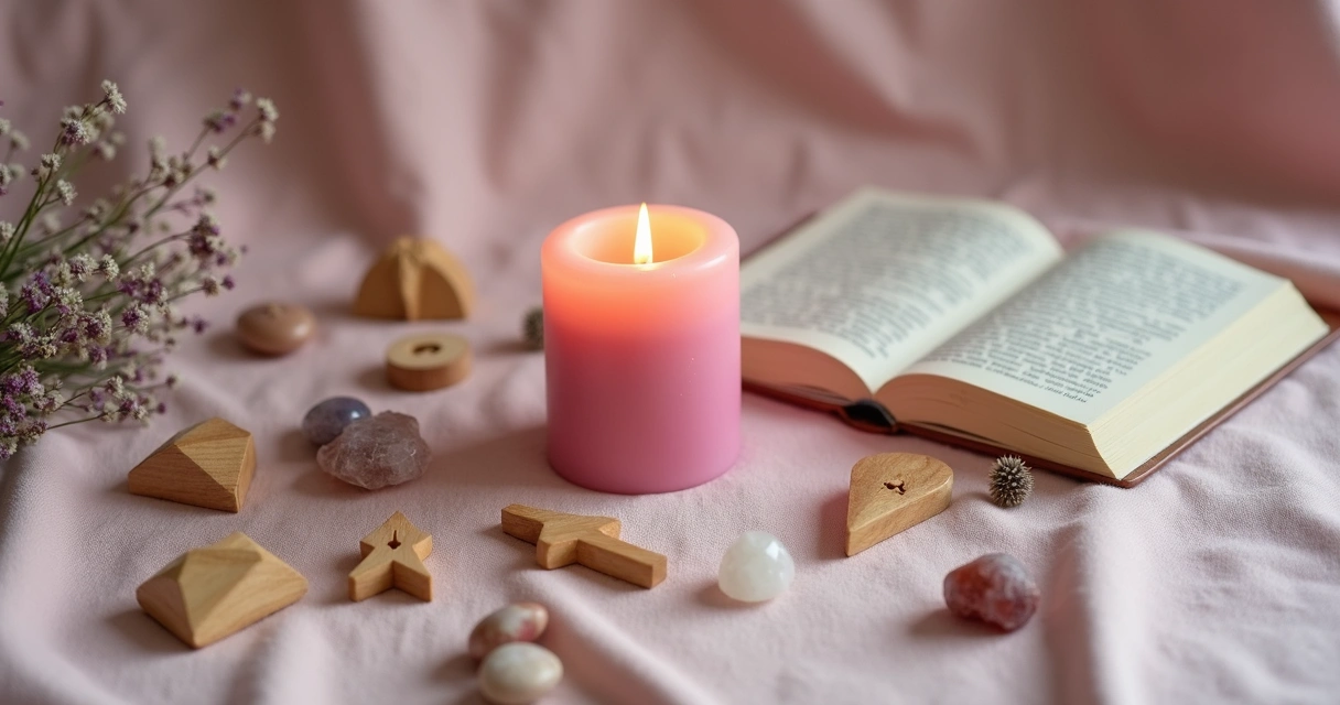 Altar feminino com runas, cristais e vela acesa 