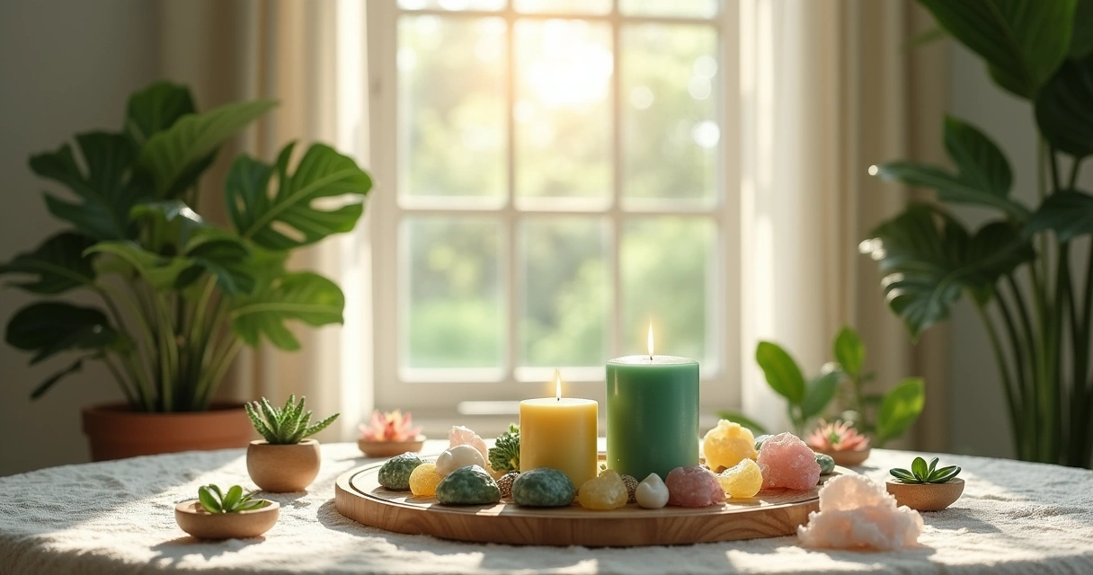 Altar de simpatias com cristais, ervas e vela verde em ambiente sereno, refletindo energia positiva e conexão espiritual.