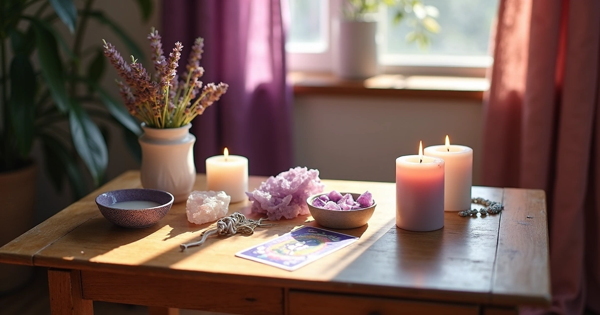 Altar com velas, pedras e flores desidratadas em um móvel pequeno 