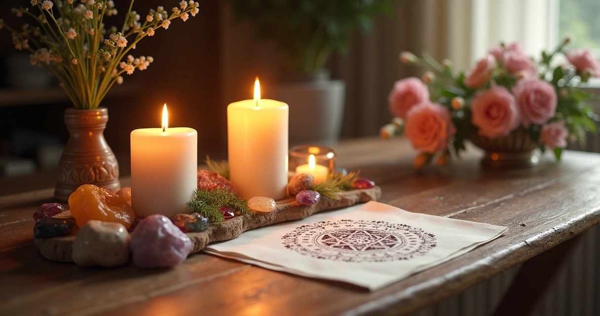 Pequeno altar esotérico com velas, pedras e flores 
