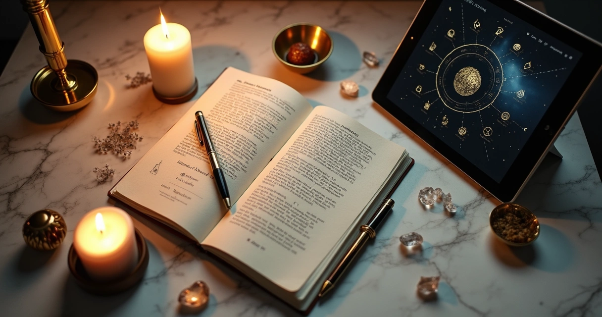 Mesa ritual com tarot aberto caderno de anotações e luz suave de velas 