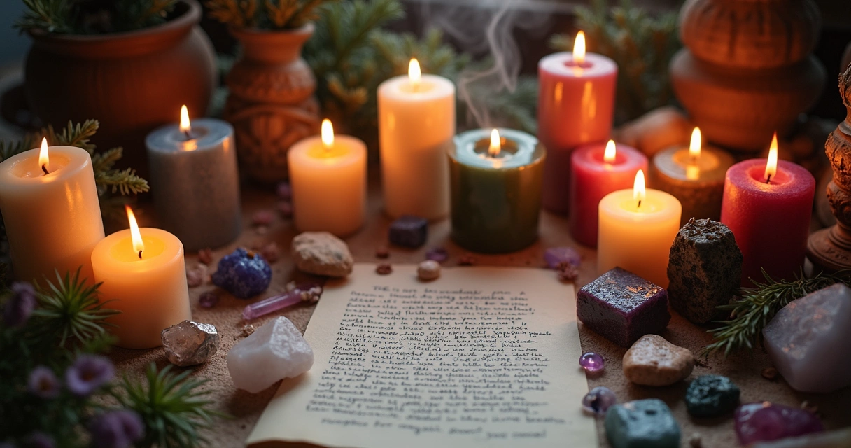 Altar com velas coloridas acesas em diferentes tamanhos e posições. 