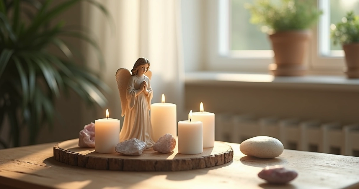 Altar com velas brancas, cristais e imagem de anjo 