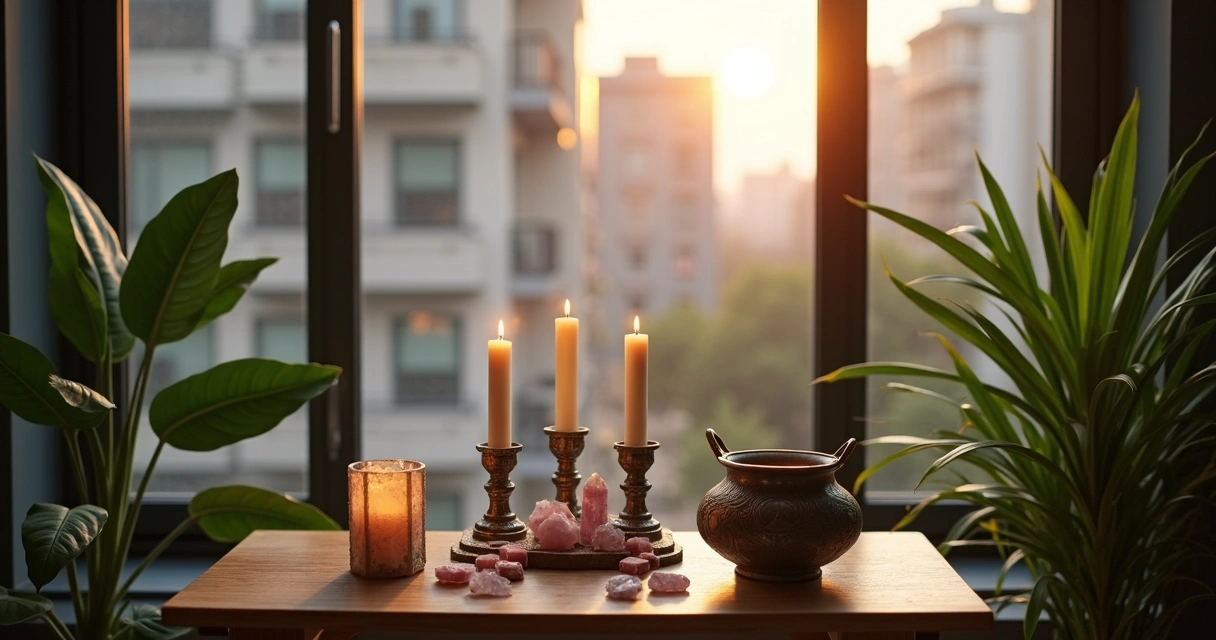 Altar wicca discreto em um apartamento moderno 