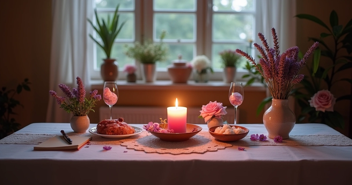 Altar wiccano com vela rosa, ervas de rosa e lavanda, caderno e cristais em um ambiente iluminado.