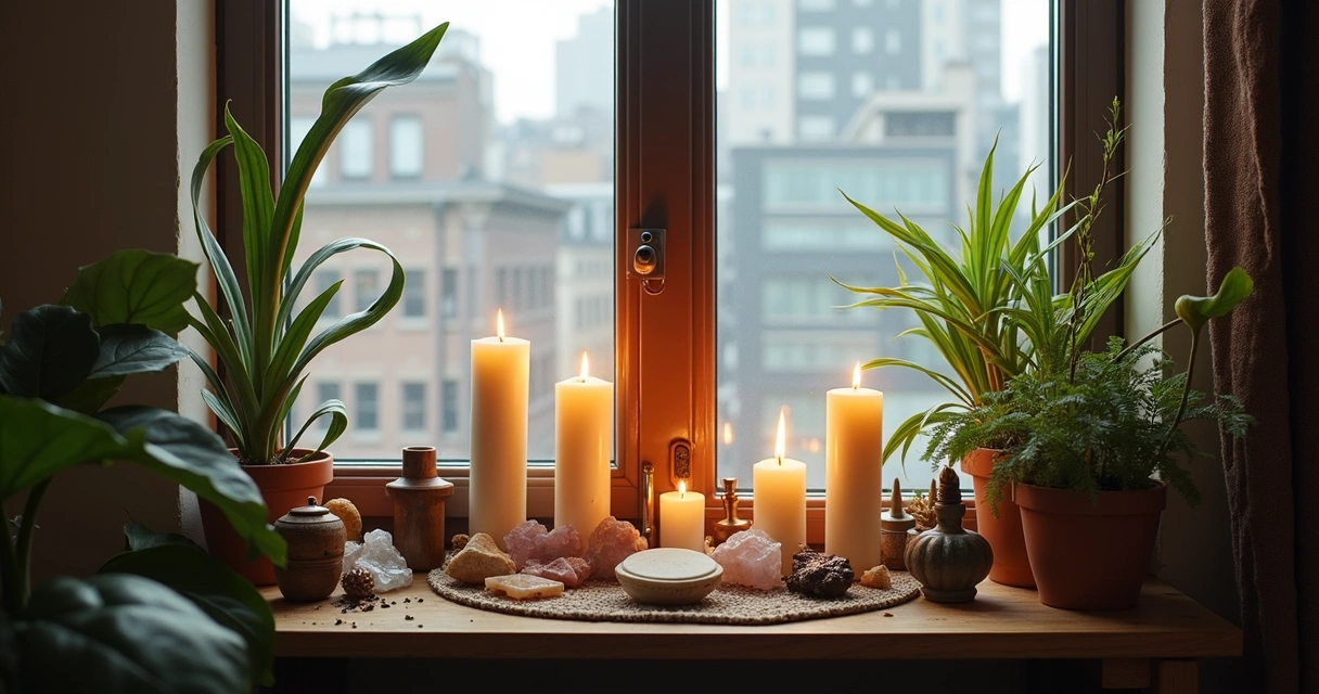 Altar xamânico com velas e cristais, plantas e tambor de mão em ambiente de apartamento 