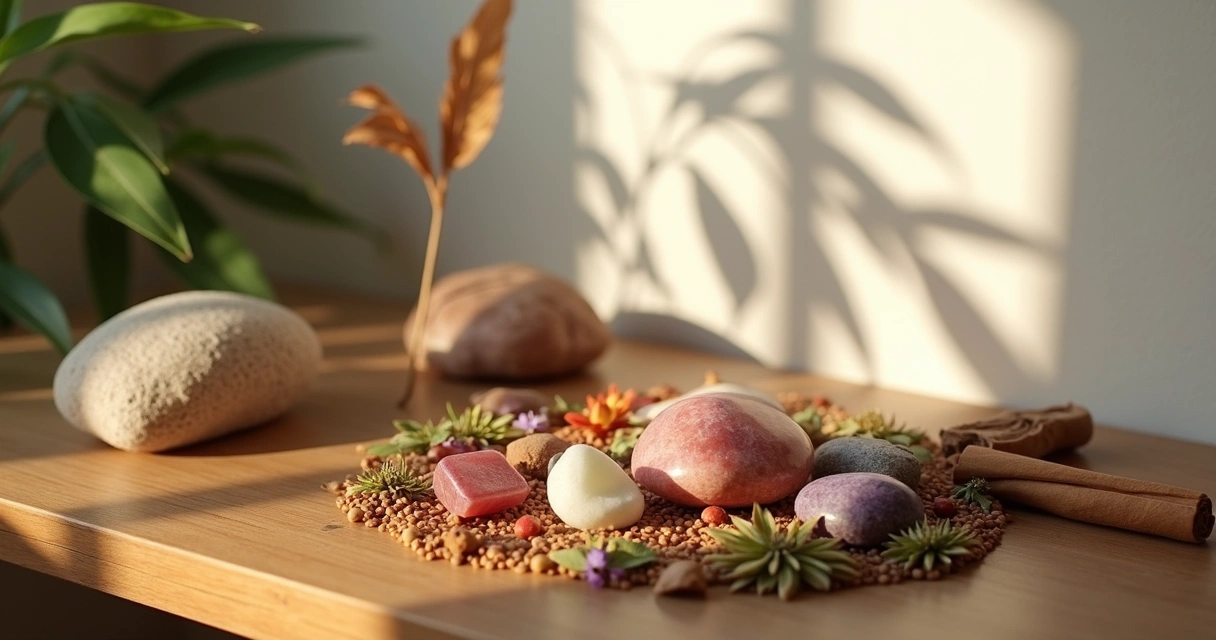 Altar com pedras, folhas secas e flores variadas 