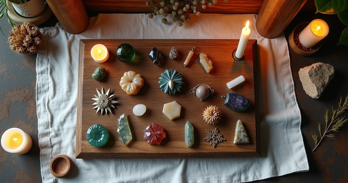 Vários amuletos e talismãs dispostos em altar pequeno com cristais e velas